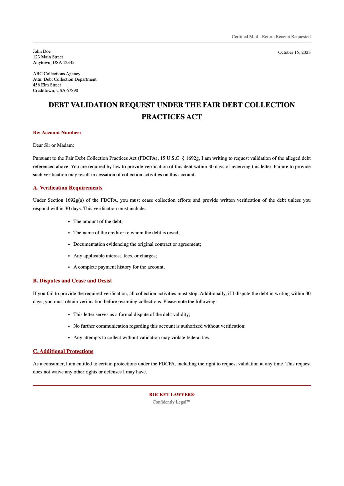 Verification of Debt Request letter under Fair Debt Collection Practices Act with Rocket Lawyer_variant_1